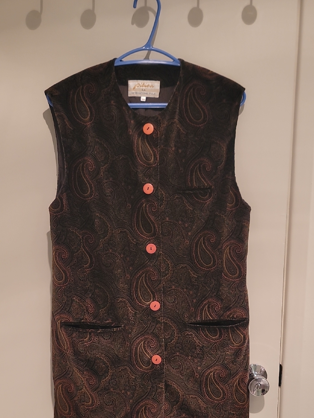 Velvet Paisley Button-Up Sleeveless Vest in Dark Brown with Orange Buttons
